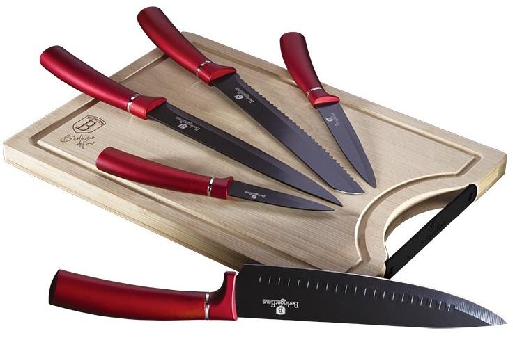 BERLINGER HAUS 6 PIECE KNIFE SET WITH BAMBOO CUTTING BOARD - BURGUNDY